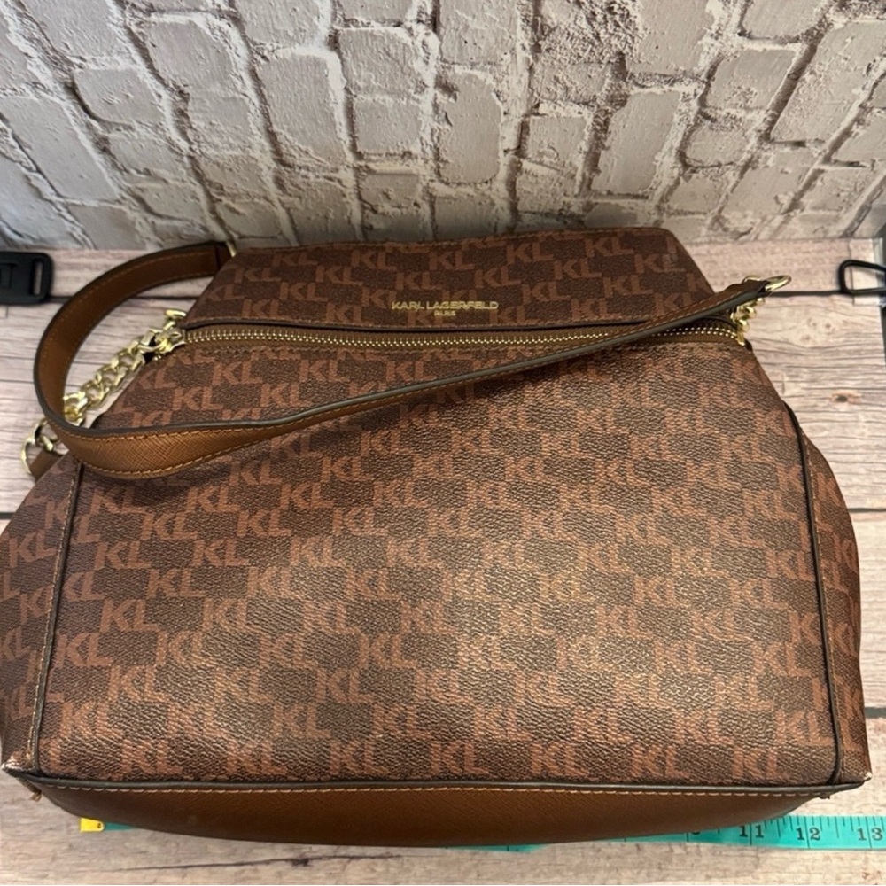 Karl Lagerfeld Paris Vegan Brown Monogram Triple Entry Tote Handbag - Picture 11 of 12